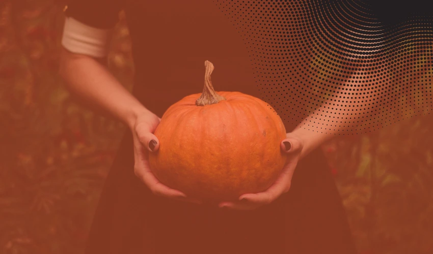 Woman holding pumpkin with orange overlay