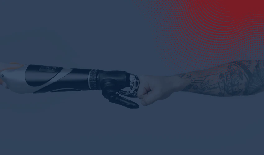 robot arm and human arm fist bumping in blue overlay