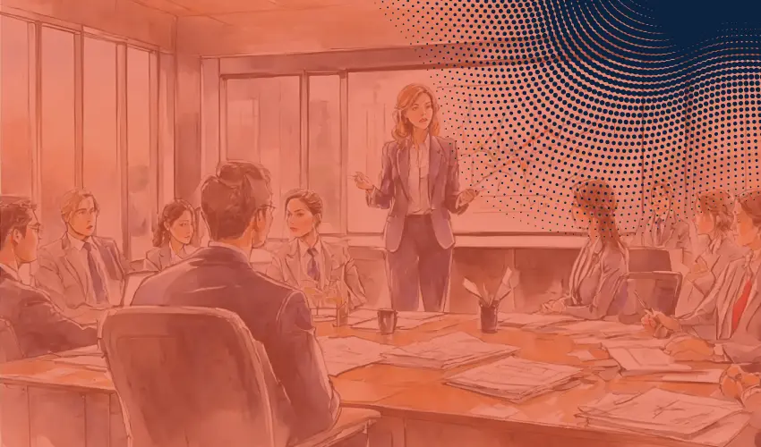 Woman talking in meeting with orange overlay