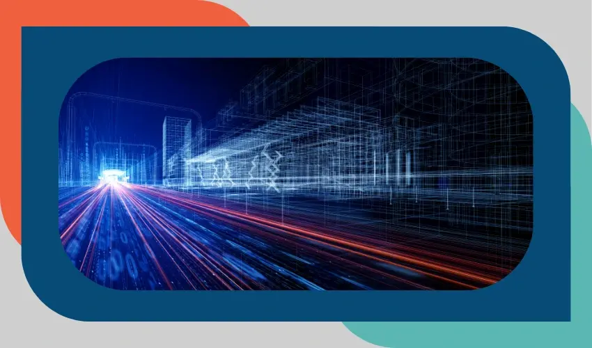 Futuristic digital cityscape with glowing red and blue light trails speeding forward, framed by rounded geometric shapes.